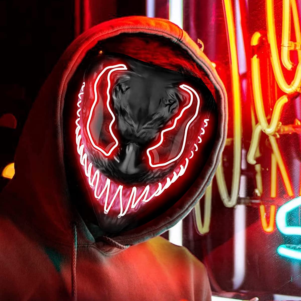 PATPAT LED Light Up Mask for Halloween Parties with 3 Modes and 19×22cm Fit | Red Glow