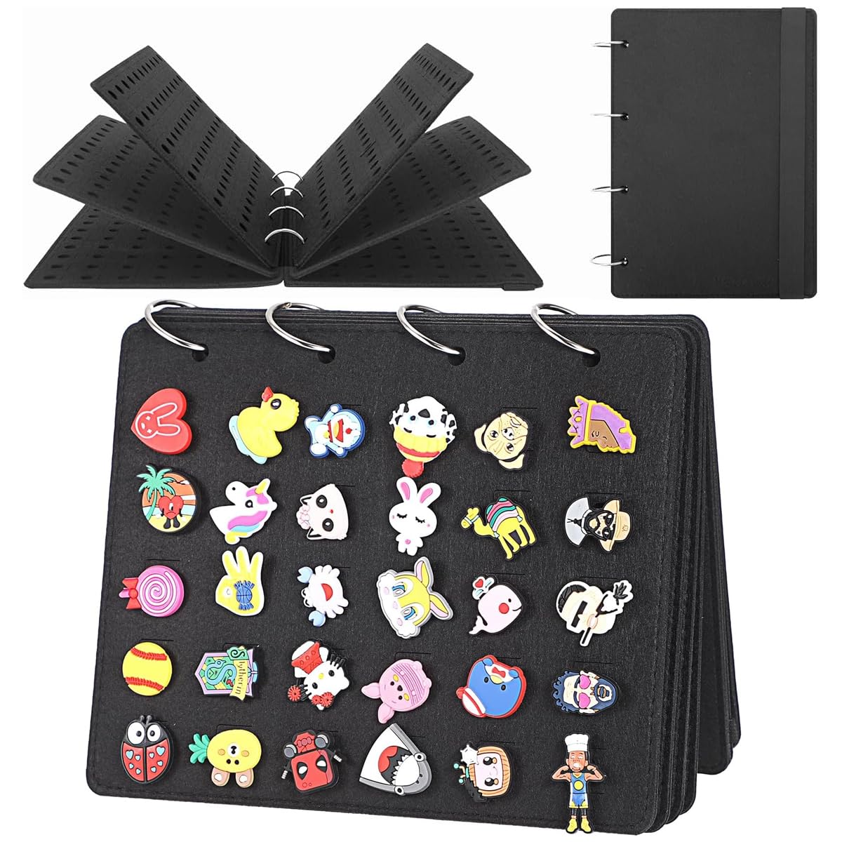 MAYCREATE® Felt Organizer Album 120Pcs Shoe Charms Organizer Croc Shoe Charms Collection Album with Elastic Strap Closure Brooch Pin Organizer Binder, 26x21.3cm, Black