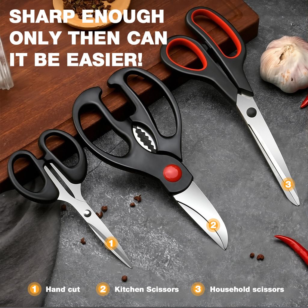 Supvox Kitchen Scissors Set of 3 for Meat and Herb Cutting with Nut Cracker | Stainless Steel Ergonomic Handles