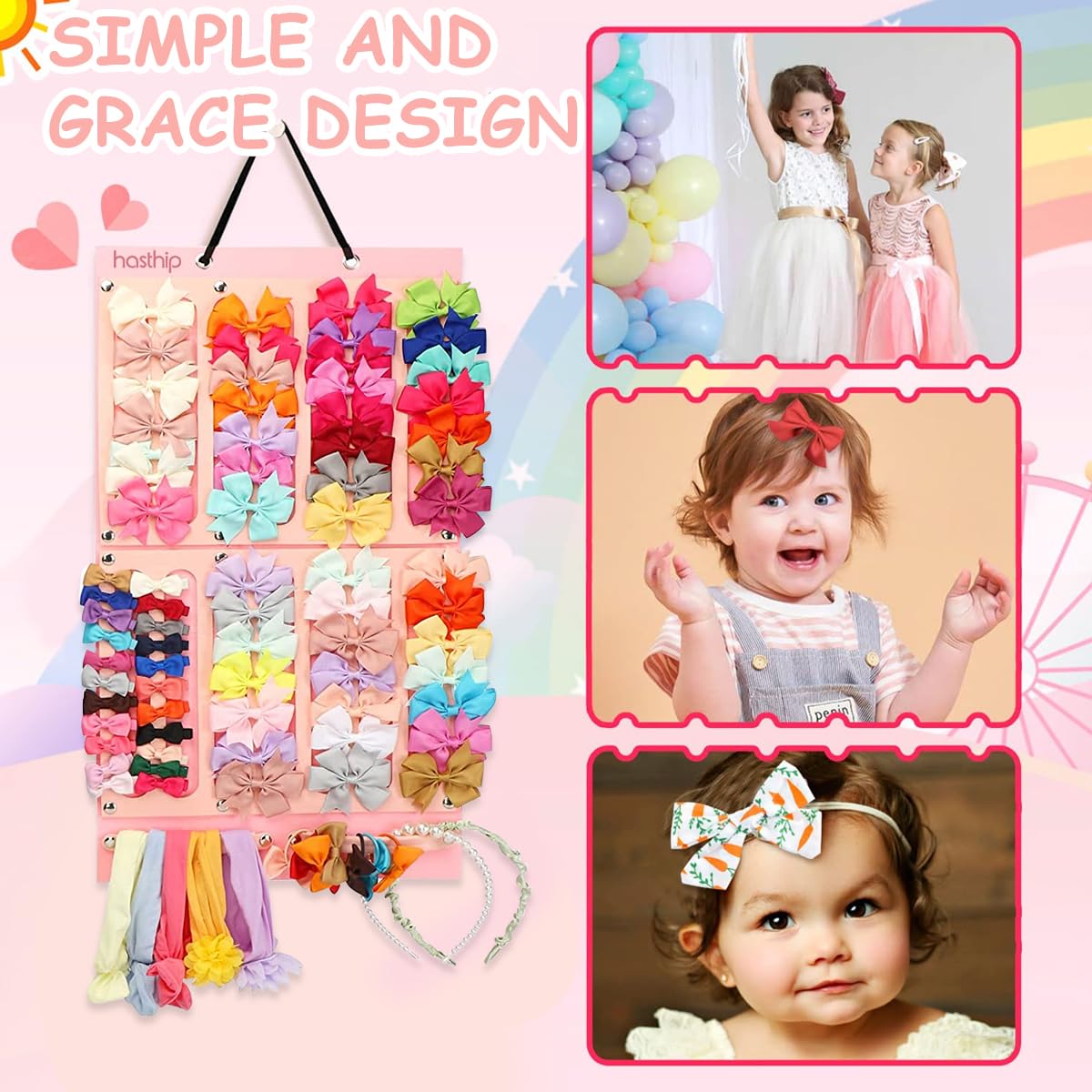 HASTHIP Hair Bows Holder for Baby Girls with 16 Ribbons and 2 Snap Straps | Soft Felt Wall Organizer 26x13.7 in