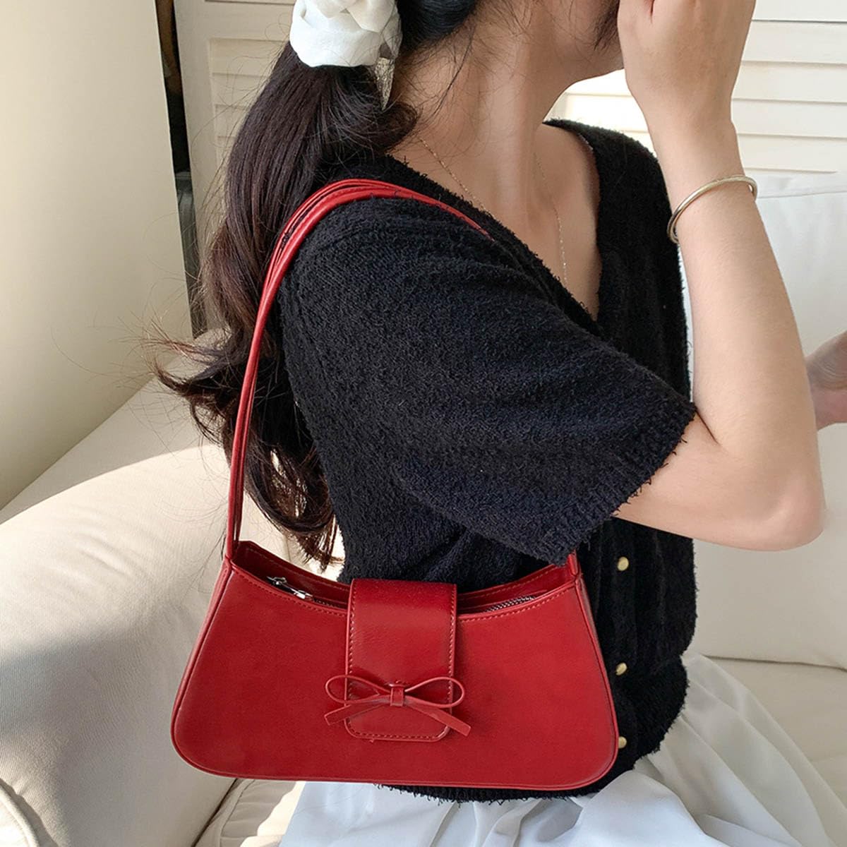 PALAY Shoulder Bag for Women with Bow Charm and Dual Closure 27x14cm Glossy Red Purse
