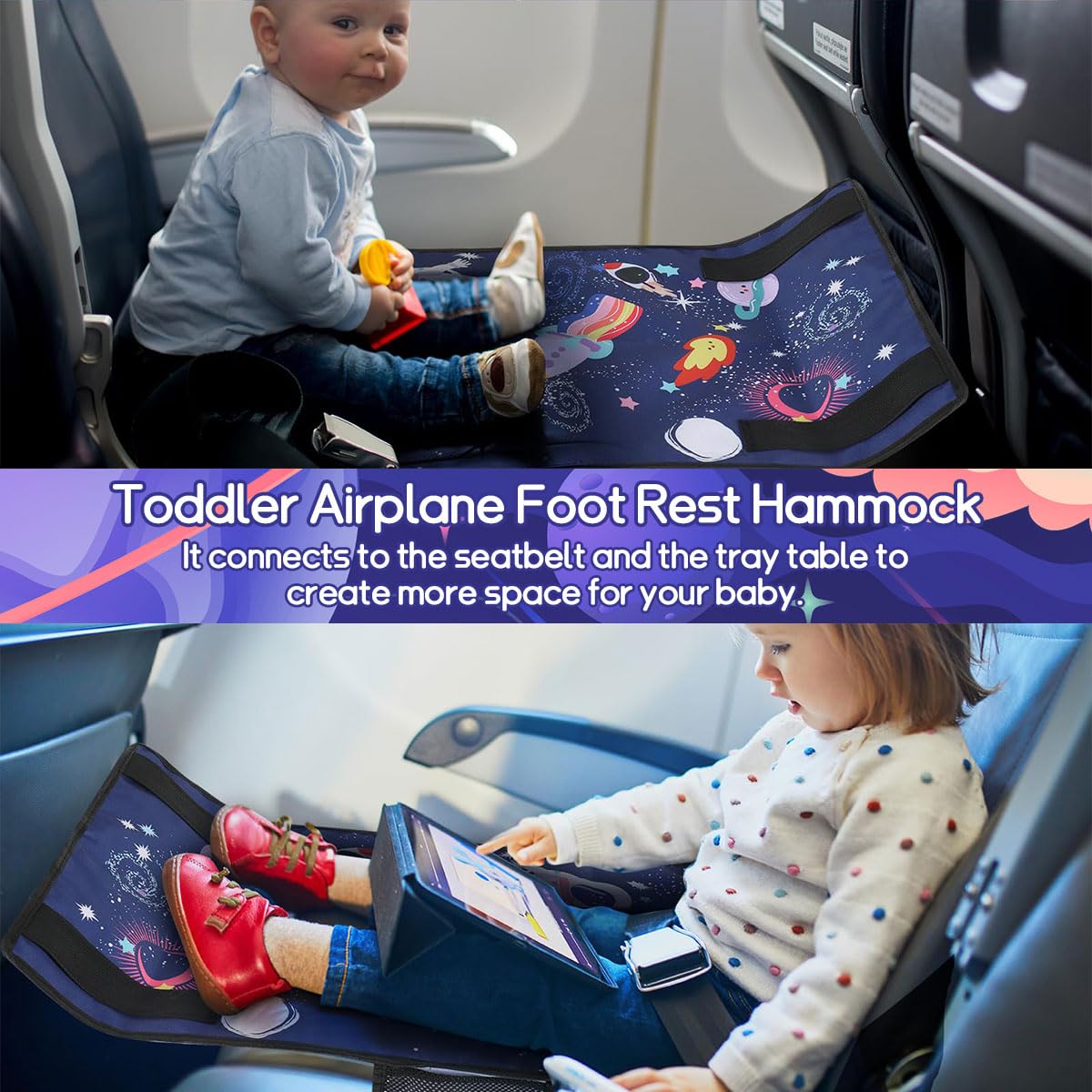 HASTHIP Portable Airplane Bed for Kids with Adjustable Strap Support 78×43cm Blue Universe | Travel Seat Extender for Toddlers