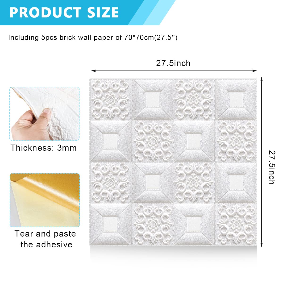 HASTHIP® 5PCS Wall Stickers, 3D White Brick Wallpaper for Wall PE Foam Wall Stickers Self Adhesive DIY Wall Decor, 70 * 70cm(27.5'')