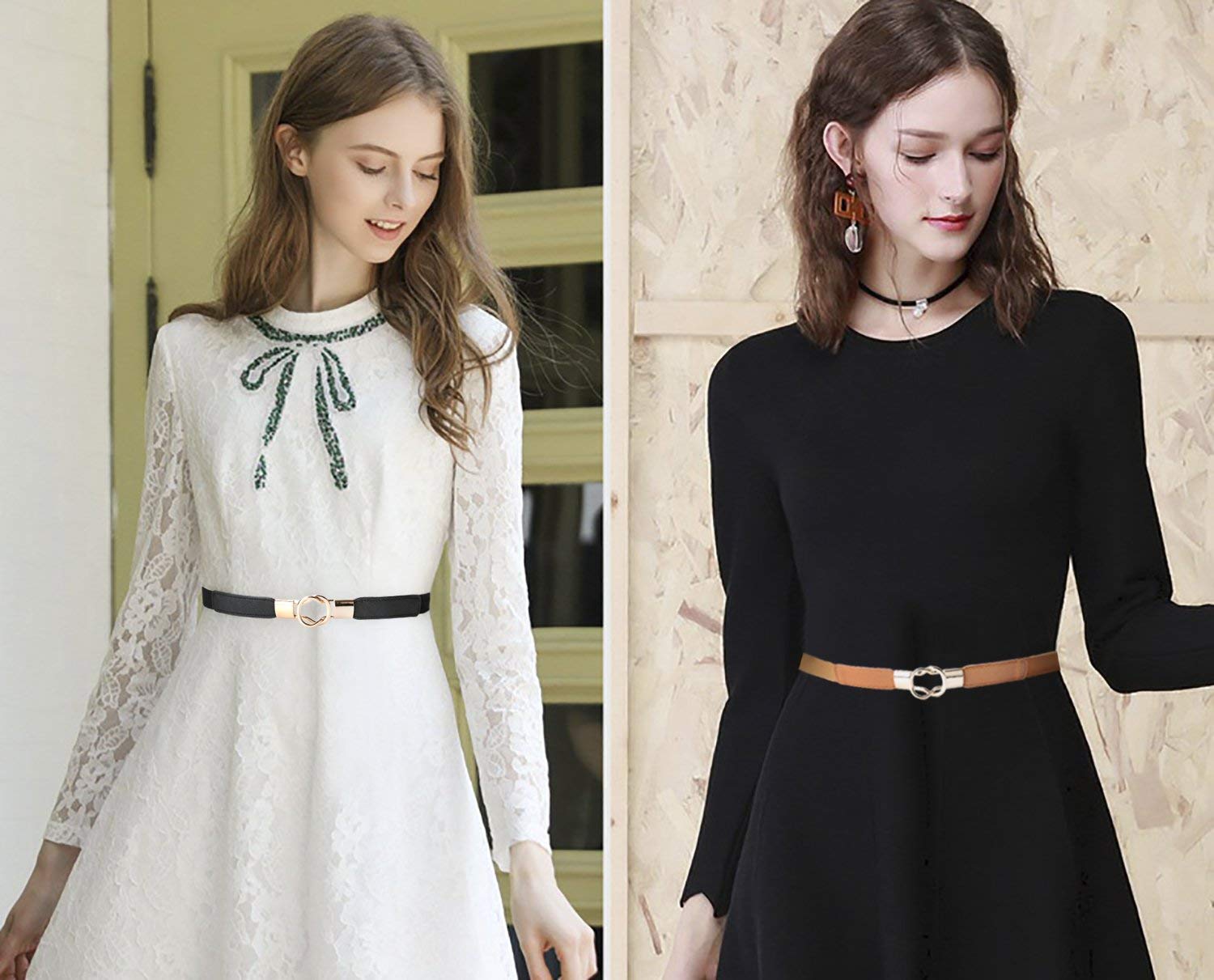 GUSTAVE Waist Belt for Dresses featuring Gold Buckle and 68cm Elastic Band | 2 Pack