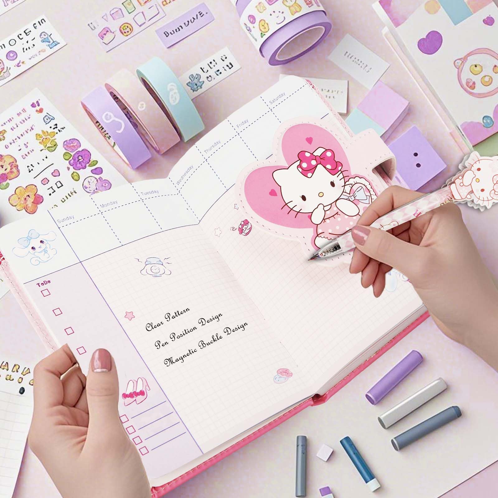Climberty Kawaii Kitty Diary for Girls with Waterproof PU Softcover and Charm Lock | Cute Journal Gift Set with Gel Pen