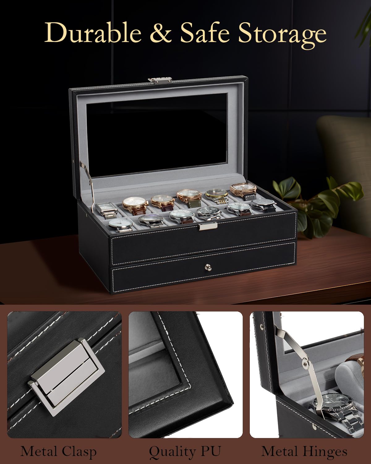 ZIBUYU Men's Jewelry Box Wooden PU Watch Storage Organizer 12-Grid Double Layer Watch Organizer Holder with Pillows Stylish Men Jewelry Box Organizer for Bracelet, Necklace, Rings, Ear Studs, Watches