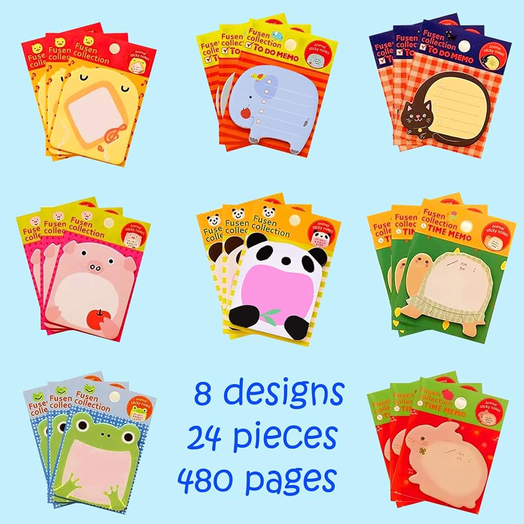 HASTHIP® 24 Pack Sticky Notes Cute 8 Cartoon Patterns Set for Party Bags Animal Designs Bag Fillers for Kids Pad for Students Office Staffs 2 PCS