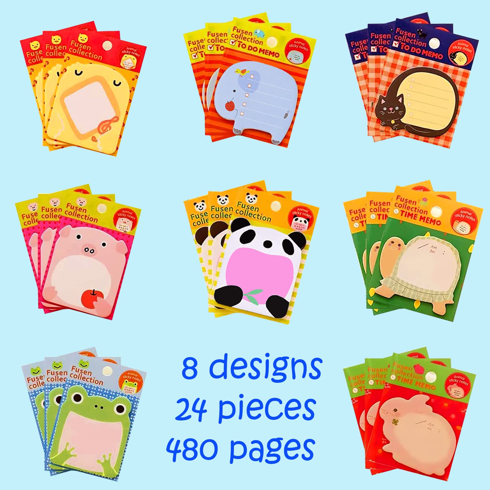 HASTHIP® 24 Pack Sticky Notes, Cute Sticky Notes, 8 Cartoon Patterns Sticky Notes Set for Party Bags Animal Designs Party Bag Fillers for Kids, Sticky Notes Pad for Students, Office Staffs