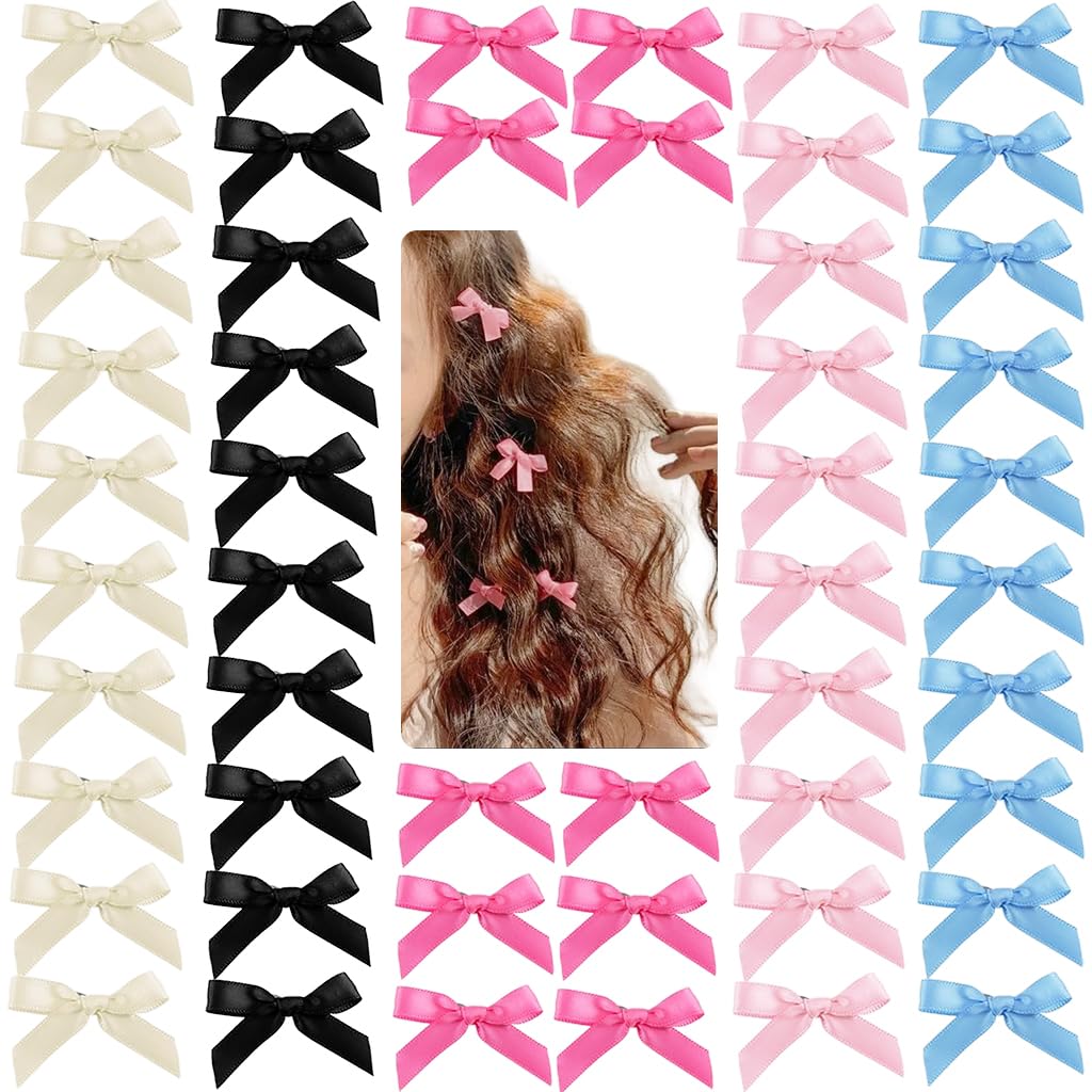 PALAY® 50Pcs Kawaii Bow Hair Clips Barrettes 4-Colors 1.57 inches Mini Lace Bow Hair Clips for Girls Women Y2K Bow Hair Clips Lace Bow Clips Hair Accessories for Women Girls