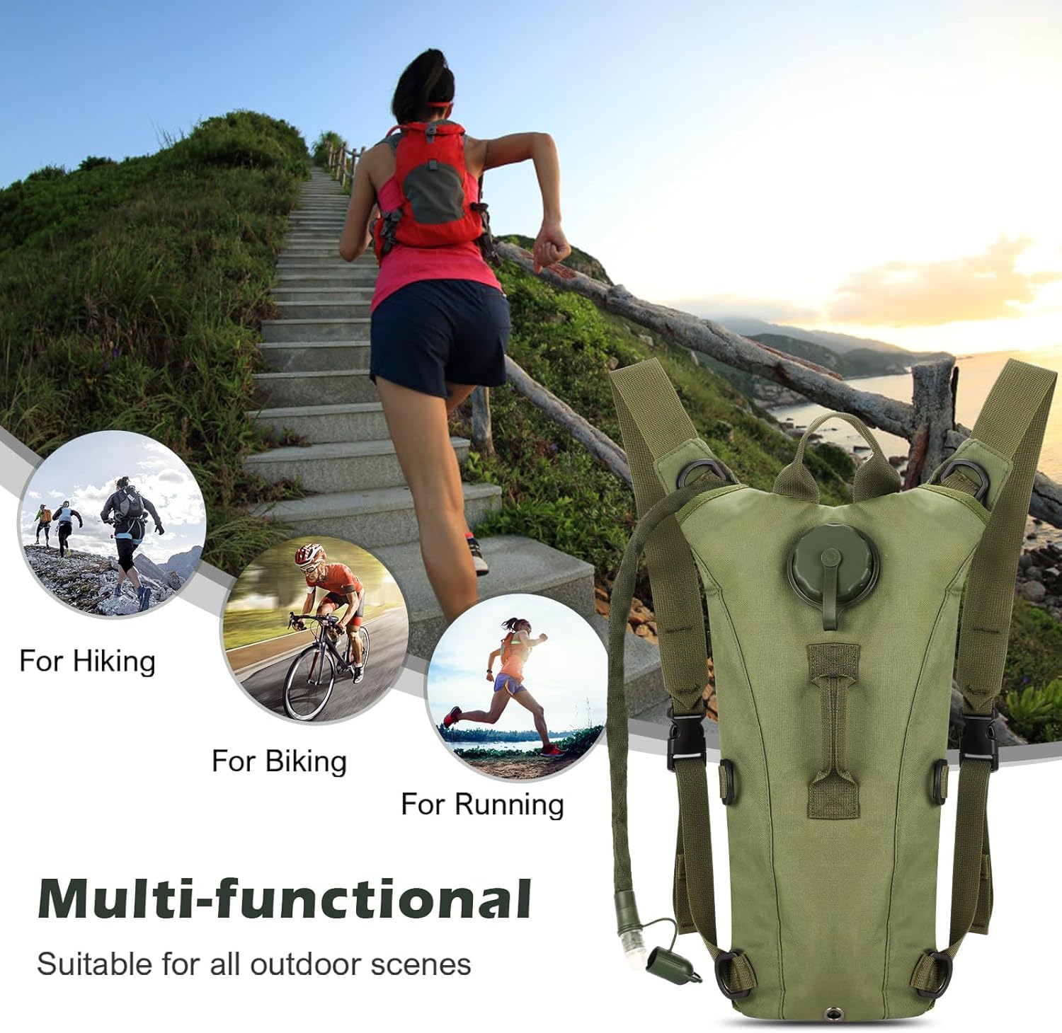 Optifit Trekking Hydration Backpack with 3L BPA Free Bladder featuring Leak Proof Tube | Waterproof Army Green for Hiking Biking and Running