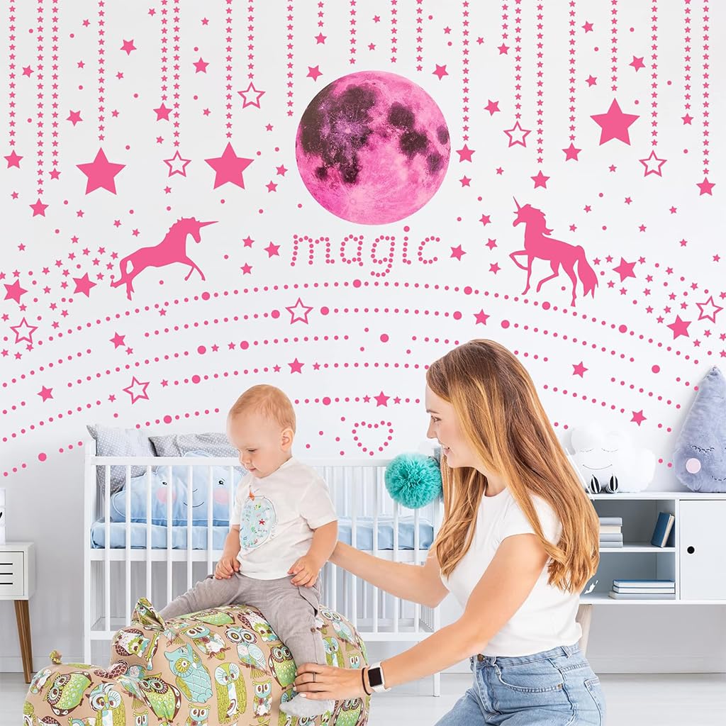 HASTHIP Glow in The Dark Unicorn Wall Decals for Kids Room with 893 Stickers | Luminous Pink Moon and Stars Decor