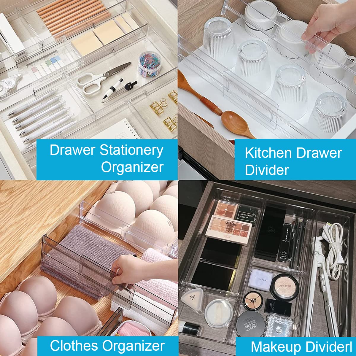 HASTHIP Drawer Dividers Organizers for Kitchen and Office with 6 Pack 11–20 in Expandable Clear Plastic Design