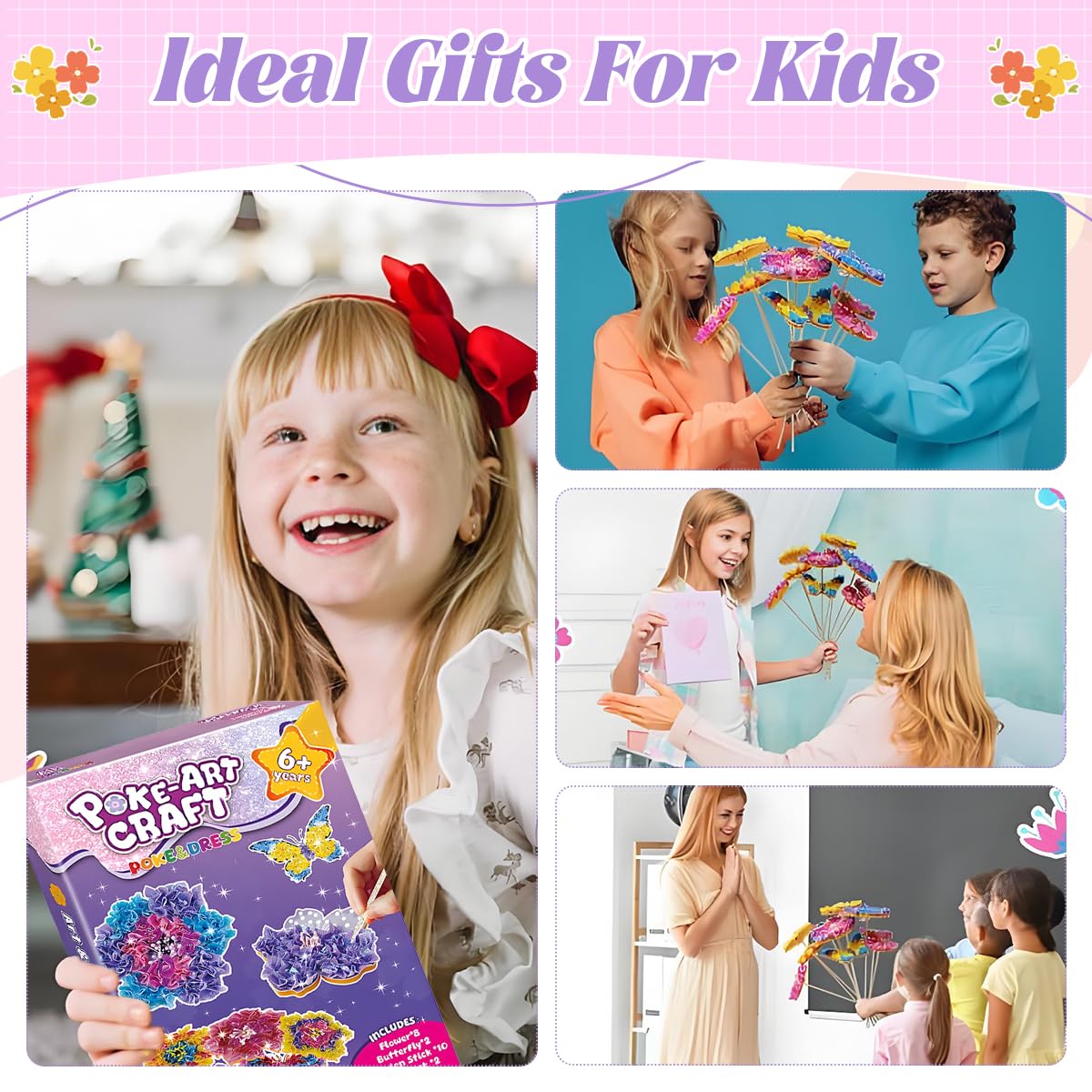 PATPAT Poke in Art Kit for Kids 6-12 with 800 pcs Fabric Squares and Sturdy Stems | Creative Flower Bouquet Craft Gift