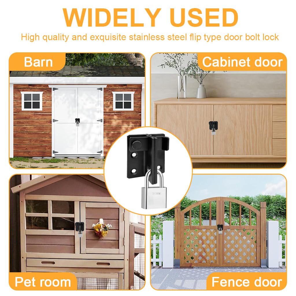 Serplex Flip Latch Gate Latch for Doors and Cabinets with 2 in 1 Padlock Slot | Stainless Steel No Drill Security Kit