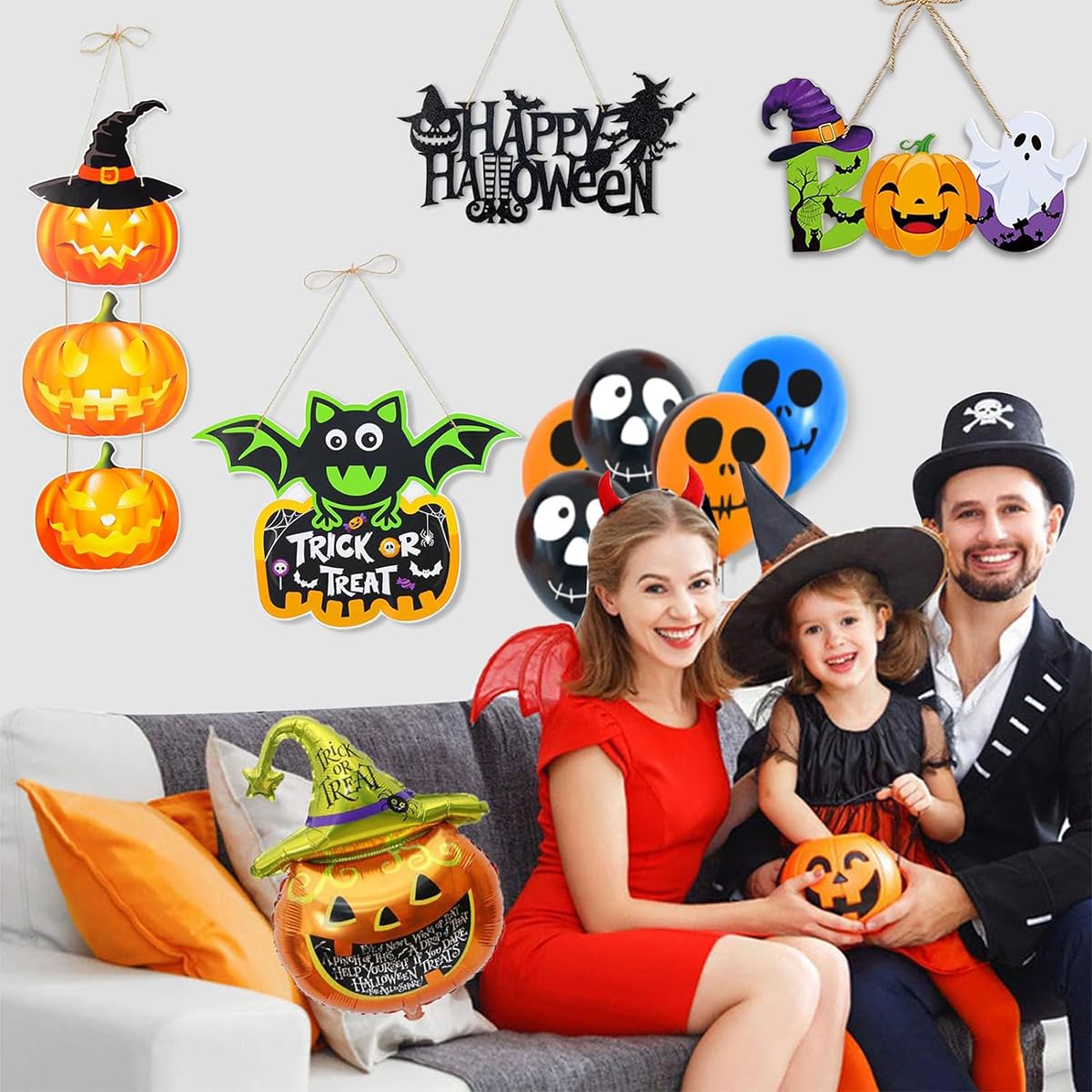 HASTHIP Halloween Wall Hangings for Home and Party Décor featuring 5 Paper Signs | Pumpkin Ghost Witch Bat Designs