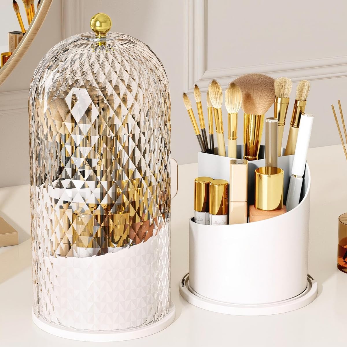 MAYCREATE Makeup Brush Holder for Vanity with 360 Rotating Base and 3 Compartments | White
