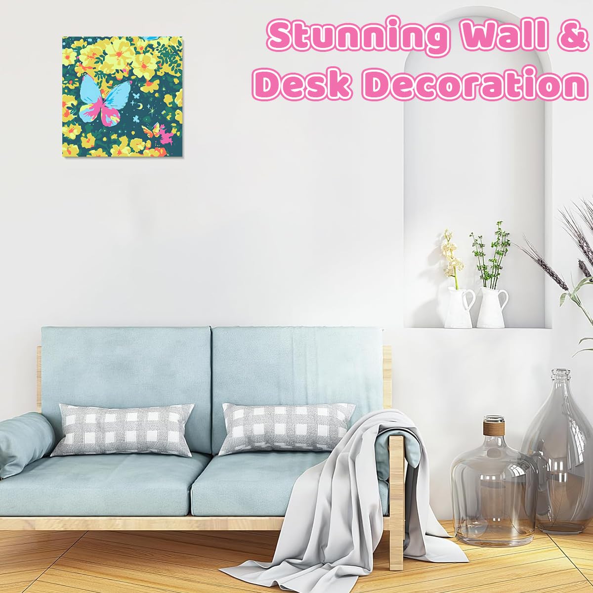 HASTHIP Paint by Numbers Kit for Adults and Kids with Brushes & Acrylic Pigments 20x20cm | Butterfly Flower Blossom Canvas Painting for Relaxing DIY Art