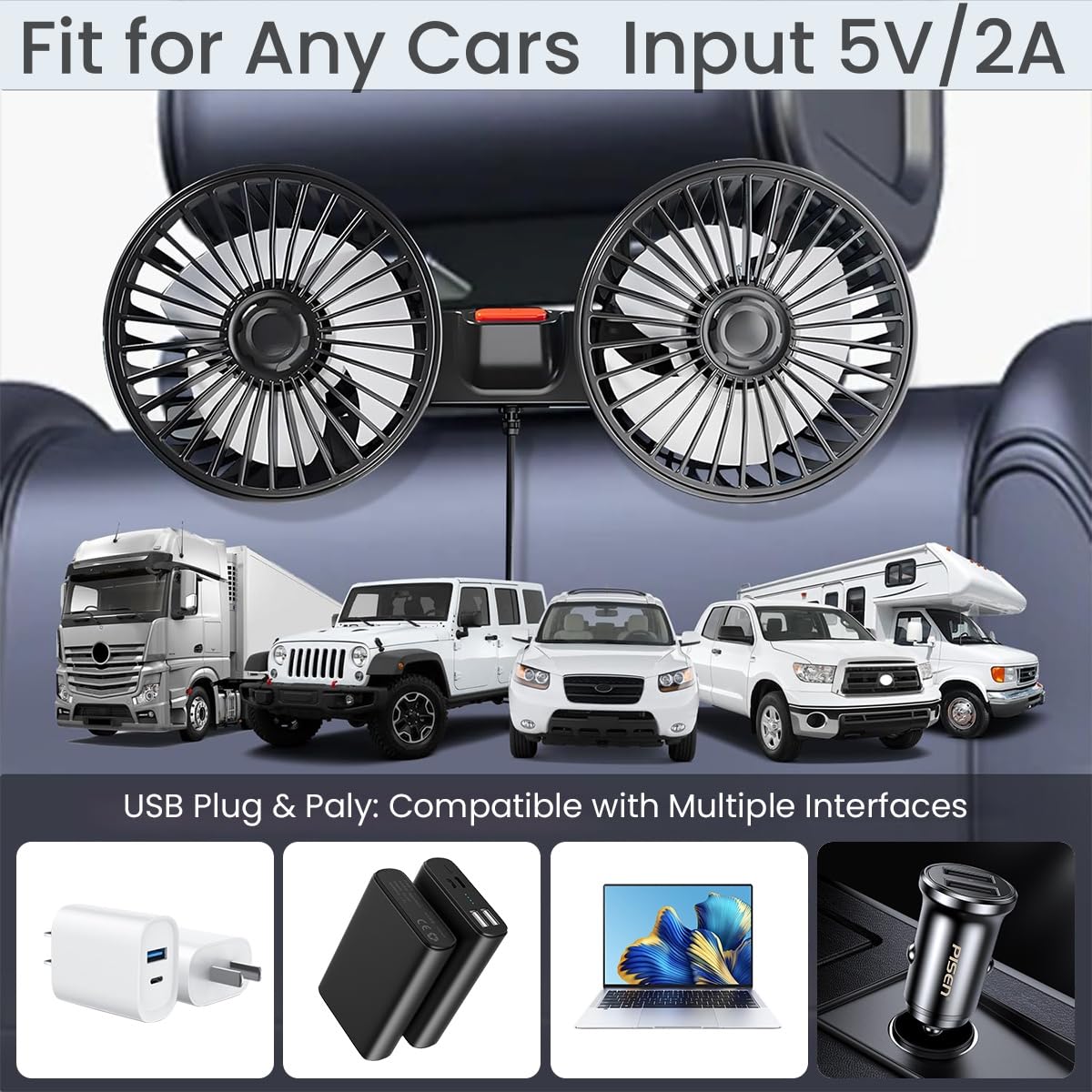 STHIRA Car Fan for Backseat Cooling with Dual Rotating Heads and 3 Speed USB Power | 360° Adjustable Headrest Mount