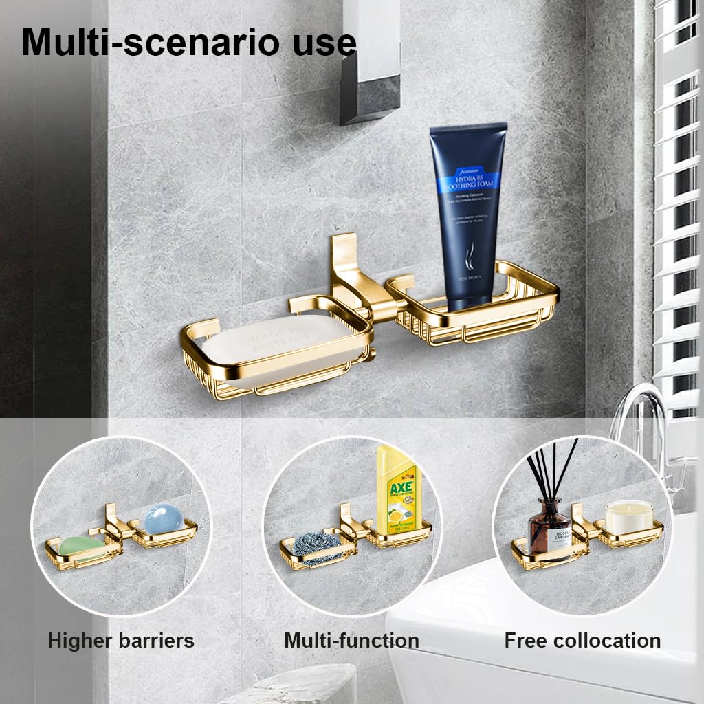 HASTHIP® Double Soap Holder for Bathroom, Soap Stand for Wash Basin, Soap Dish Holder Wall Mounted, Rust Proof Metal Self Draining Soap Tray, Wall Mounted Soap Dish for Shower