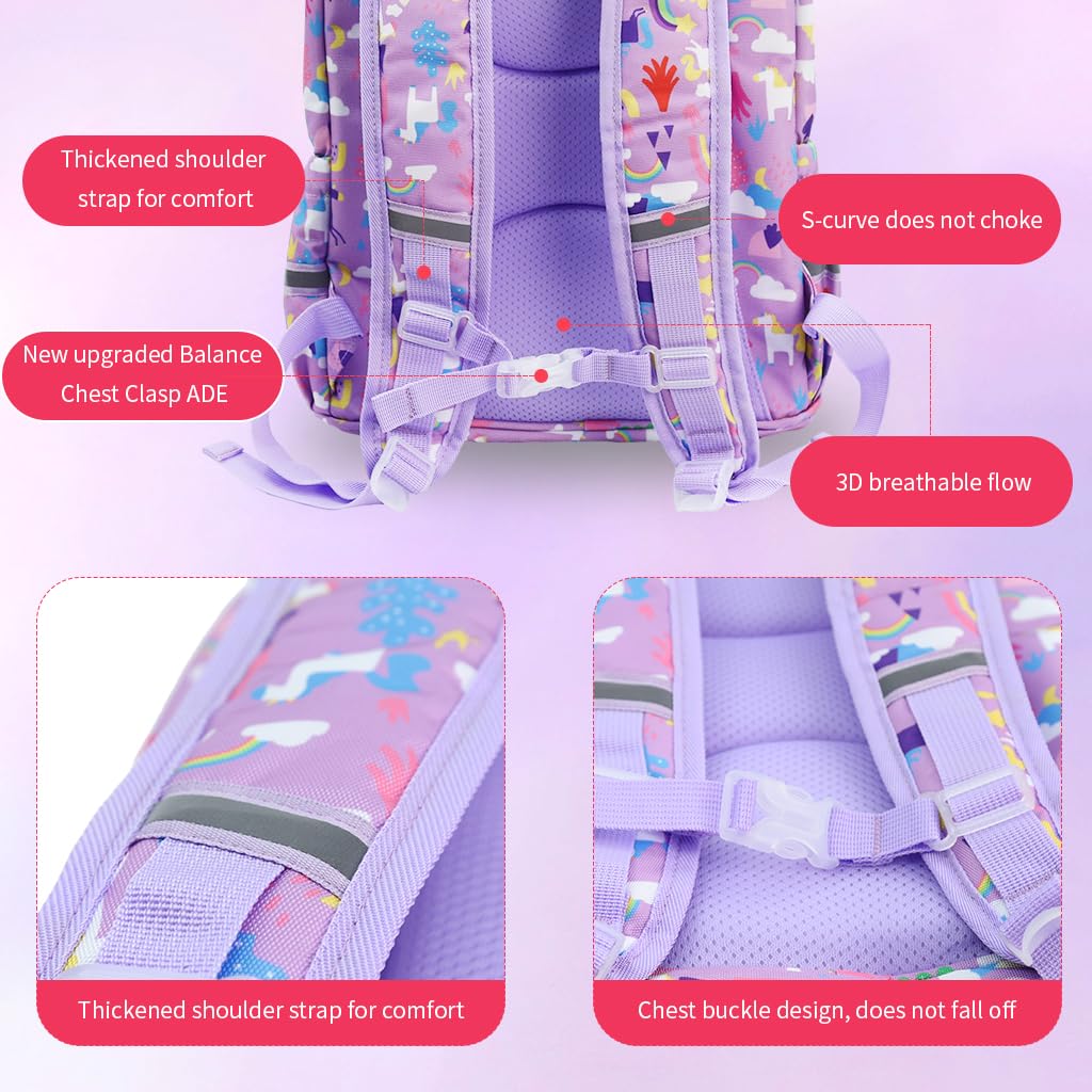 PALAY® Girls School Backpack Unicorn Cartoon Backpack Primary Bookbag Girls Backpack for School, Travel, Camping, Waterproof Burden-relief Backpack School Gift for Kids 6-12 Years Old