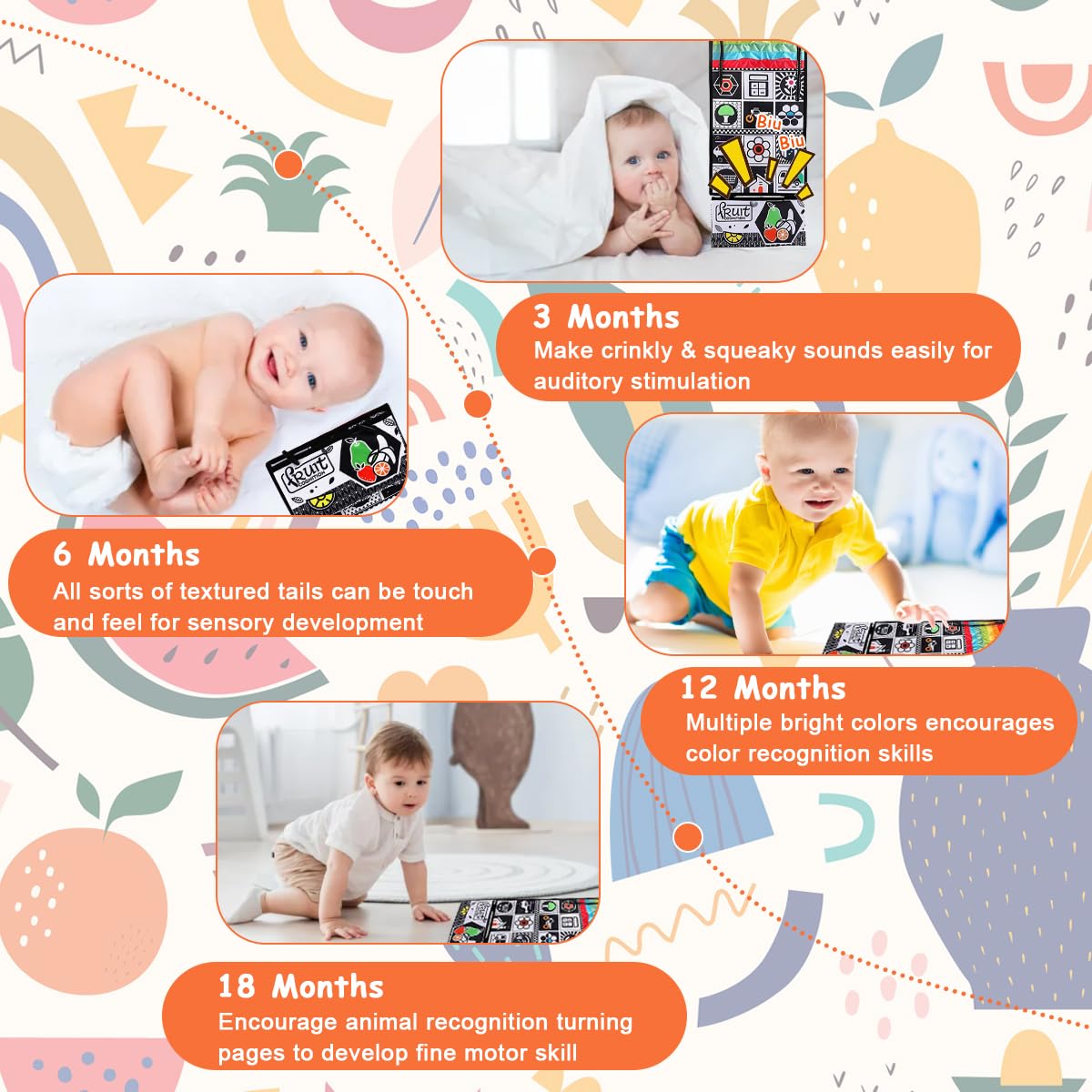 SNOWIE SOFT Baby Cloth Book Toy for Tummy Time with Crinkle Pages Mirror and Teether | Travel Friendly