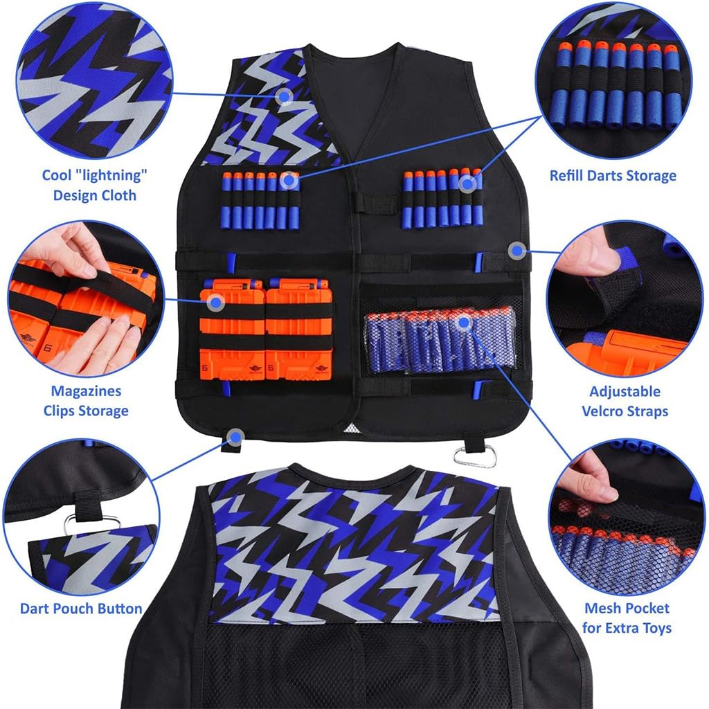 PATPAT Tactical Vest Kit for Kids with 30 Refill Darts and Reload Clips | Blue 2PCS Set