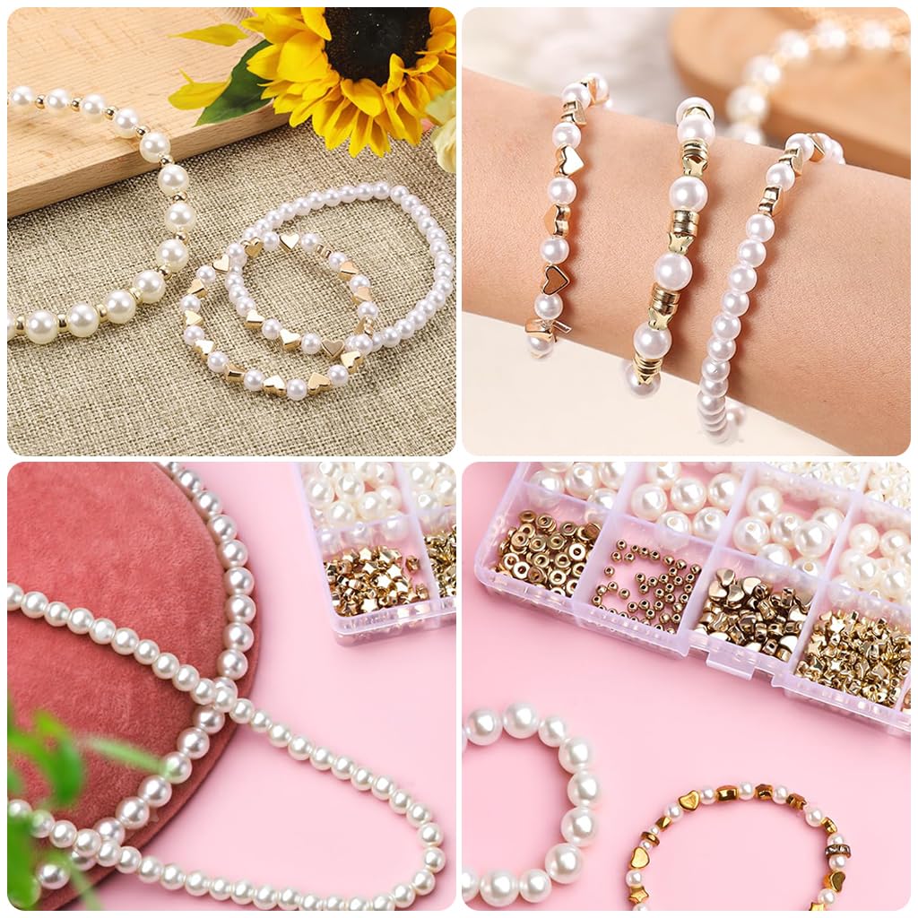 SANNIDHI® 2 Boxes 720pcs Pearls Beads for Jewellery Making Kit, Pearl Beads for Bracelet Making, Assorted Sizes Pearl Round Set Spacer Charms Golden with Tools DIY Crafts Earrings Necklace