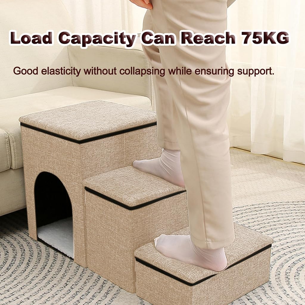 Qpets Pet Stairs for Small Dogs and Cats with Hidden Storage and Cozy Nap Spot | Easy Assembly