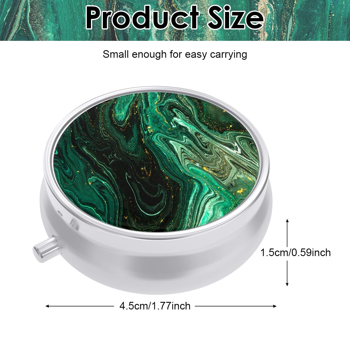 HANNEA Pill Box for Travel and Daily Use with 3 Compartments and Button Closure | Metal Case with Built In Mirror and Resin Art Lid, Green