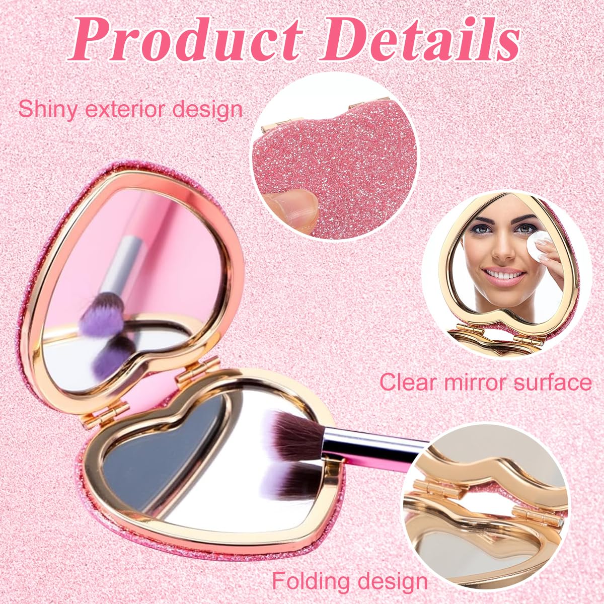 MAYCREATE Mini Heart Folding Mirror for Travel with Dual Mirrors and Pink Glitter Design | 6.9x7.21cm Compact Makeup Mirror for Women
