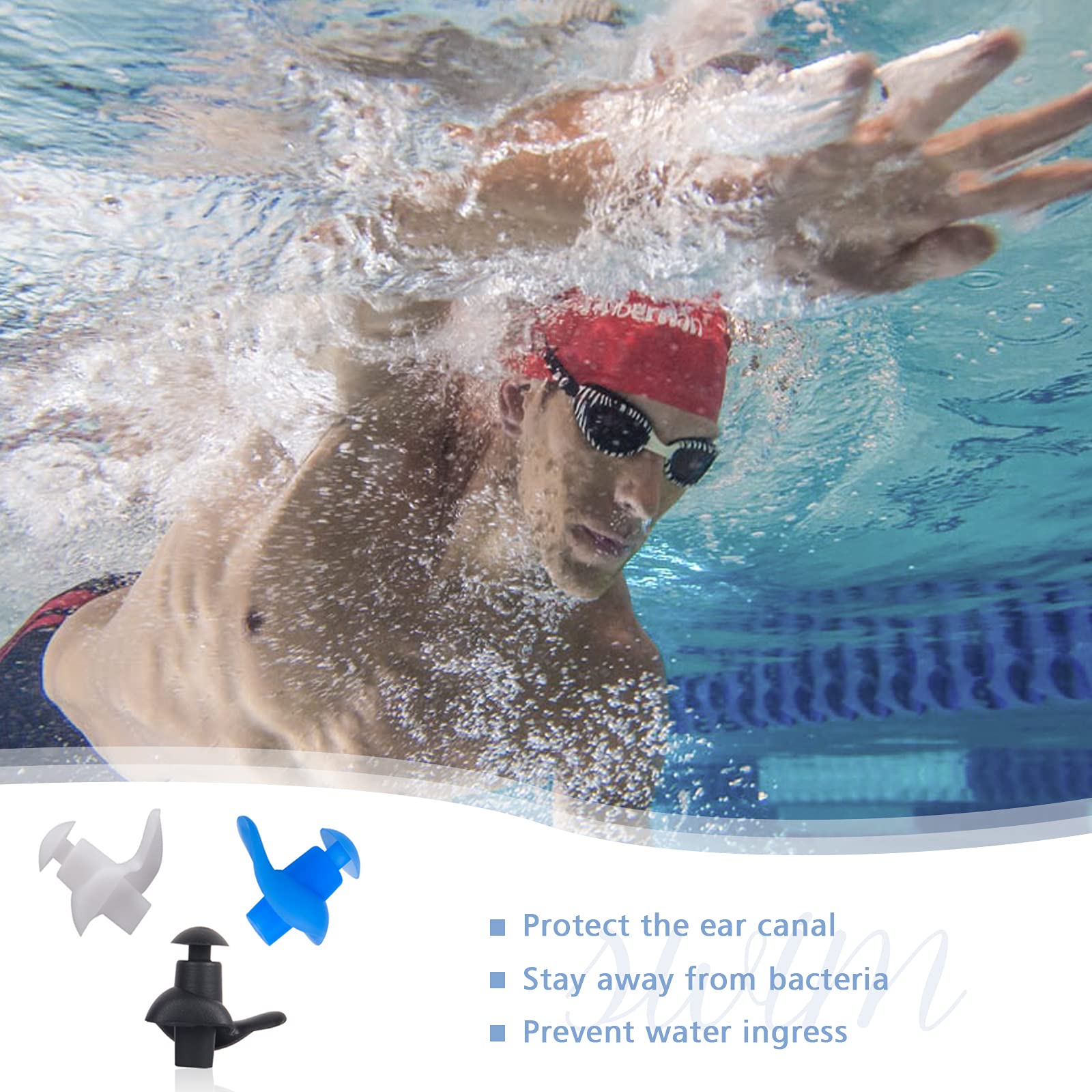 ZIBUYU Ear Plugs for Swimming with 3D Ergonomic Waterproof Design and 4 Pairs 25×27mm Silicone
