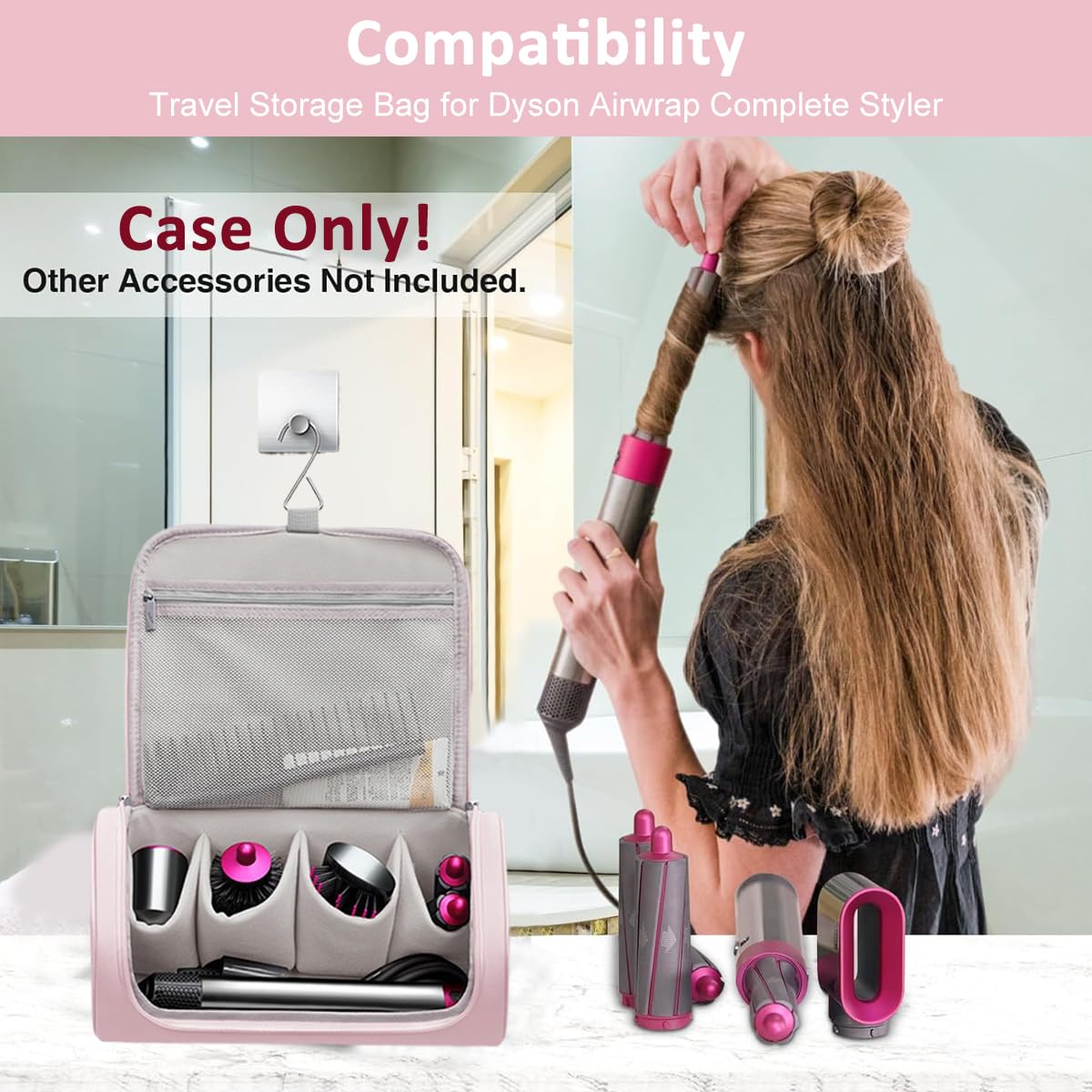 MAYCREATE Travel Storage Bag for Dyson Airwrap with Hanging Hook and 5 Compartments | Pink PU Organizer