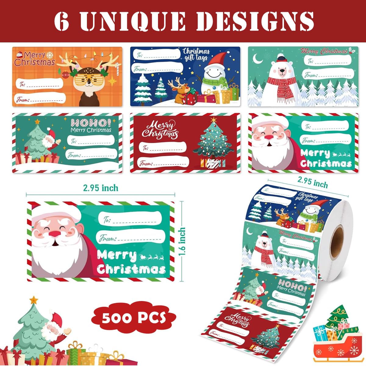 HASTHIP Christmas Gift Tags 500 pcs for Presents featuring Self Adhesive Design and 6 Patterns | To and From Stickers 2.95x1.6 in