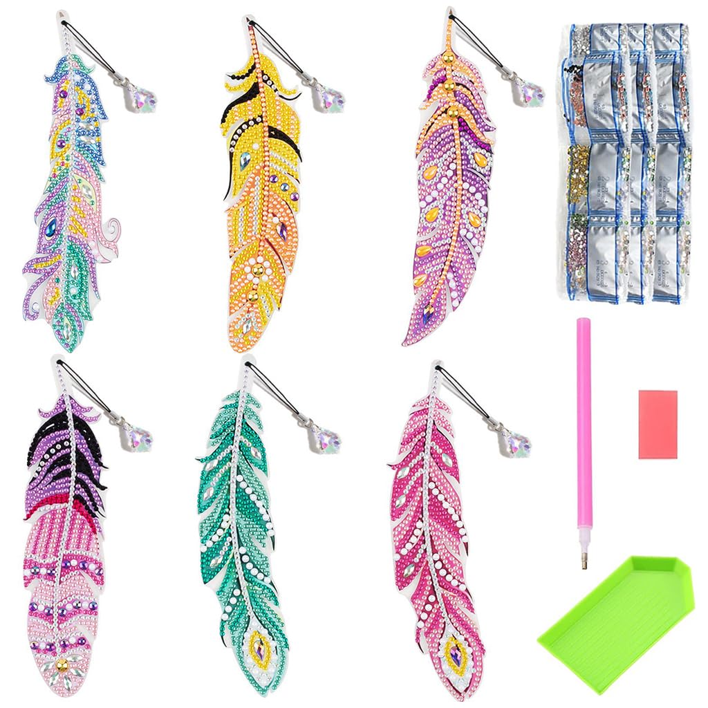 Climberty Diamond Painting Bookmarks Kit 6pcs for DIY Feather Art with Crystal Pendants | Fun Gift for Adults and Kids