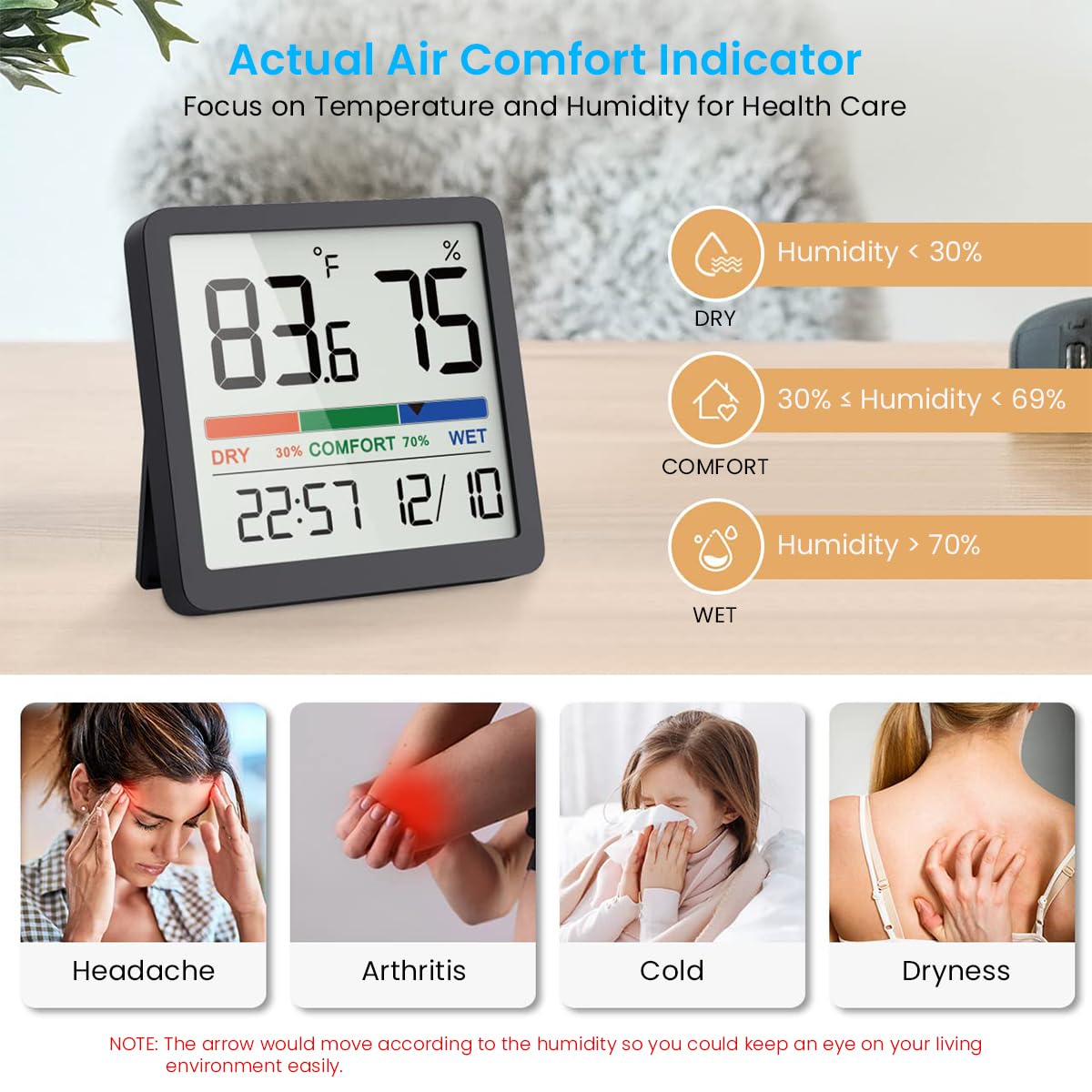 HASTHIP Digital Temperature Humidity Meter for Home featuring Magnetic Back Design | LCD Hygrometer with Time Display and 93×75 mm Compact Body
