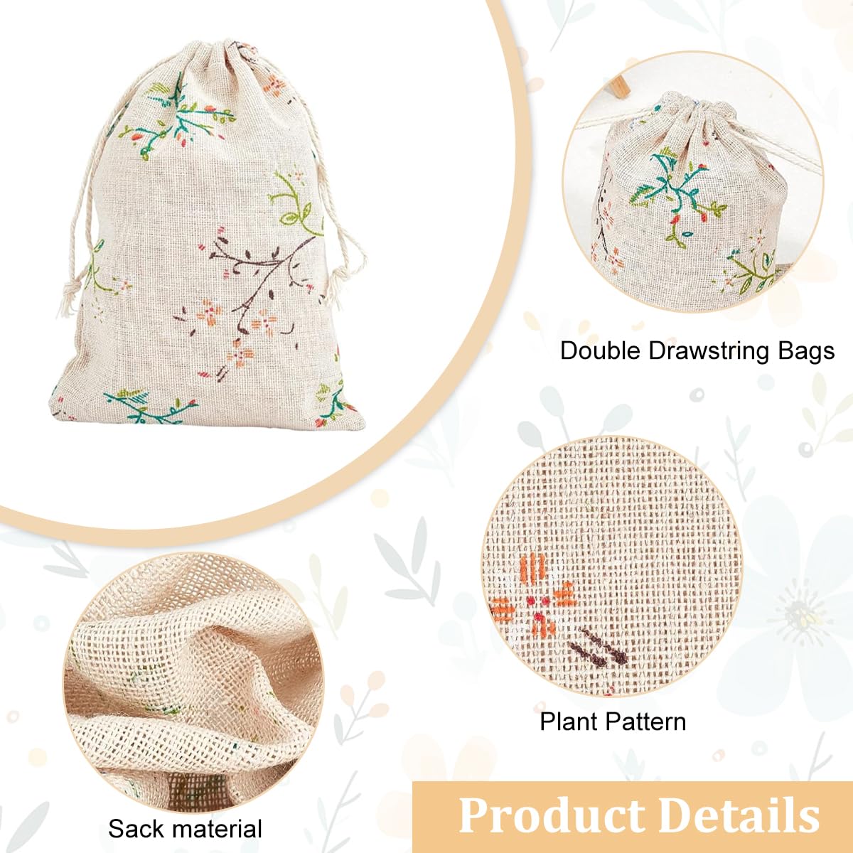 HASTHIP Drawstring Gift Bags for Return Gifts with 20pcs 13x18cm Cotton Flax Fabric | Reusable Rustic Floral Pouches