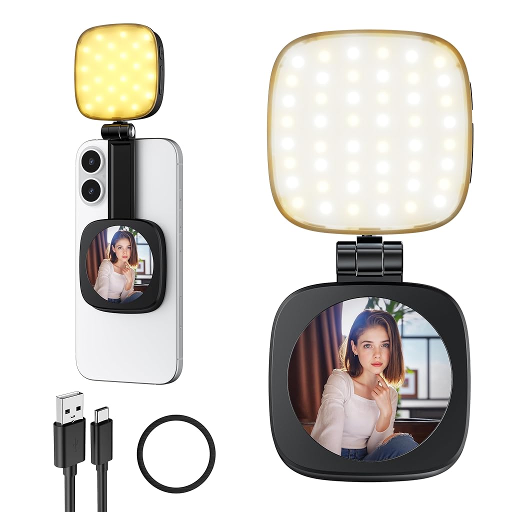 ZORBES® Folding Magnetic Phone Light with Mirror, 5-Color Dimmable LED Phone Fill Light, 360 ° Rotatable & Telescopic Portable Outdoor Selfie Photography, USB Rechargable, 850mAh
