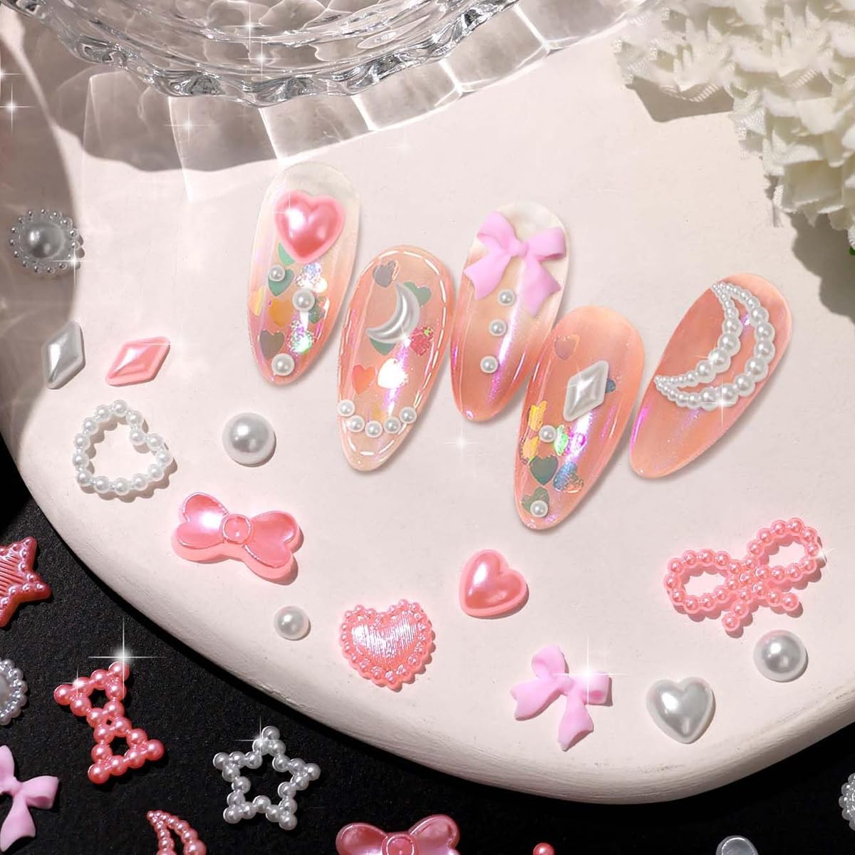 MAYCREATE 3D Resin Bow Nail Art Stickers for French Nails featuring Flatback Design | Assorted Styles with Storage Box