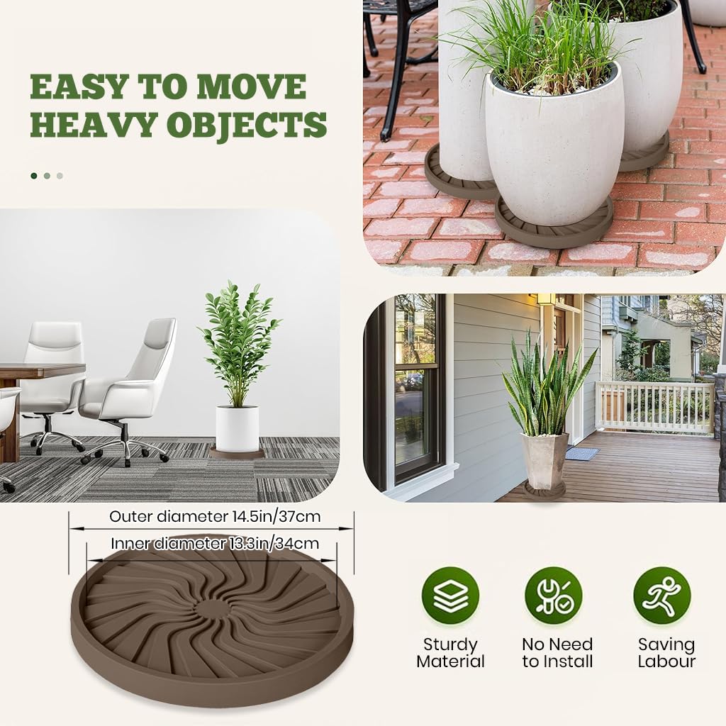 HASTHIP Plant Pot Stand for Indoor and Outdoor Use with 360° Wheels and Spiral Ridged PP Tray | 37 cm Round Brown