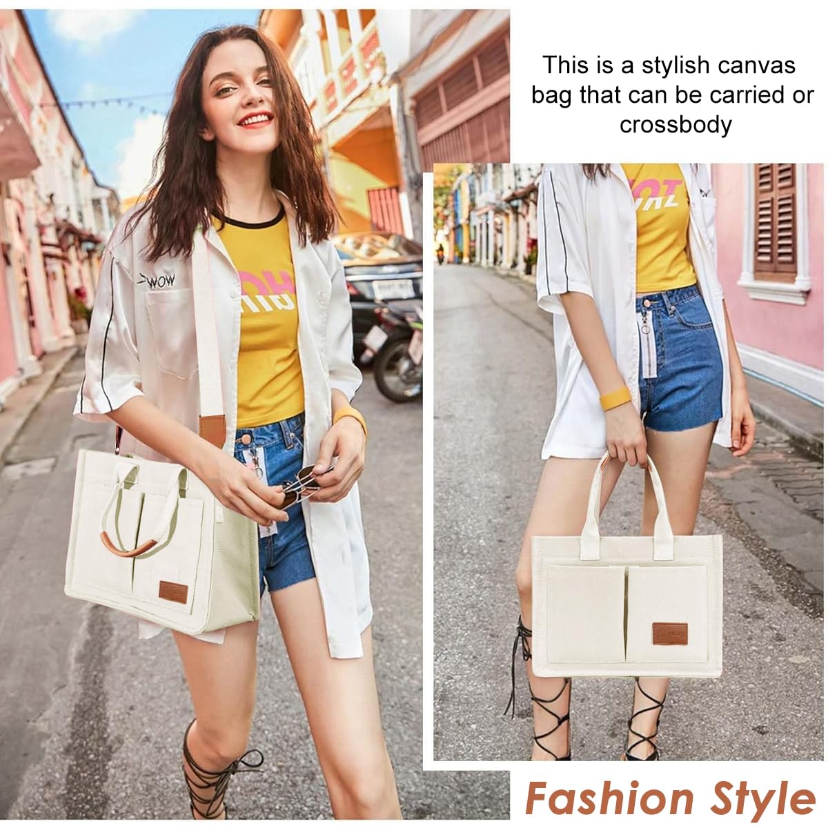 PALAY Tote Bag for Women with Removable Strap and Multi Compartments 32×14×25 cm Beige Canvas | Casual Crossbody Handbag