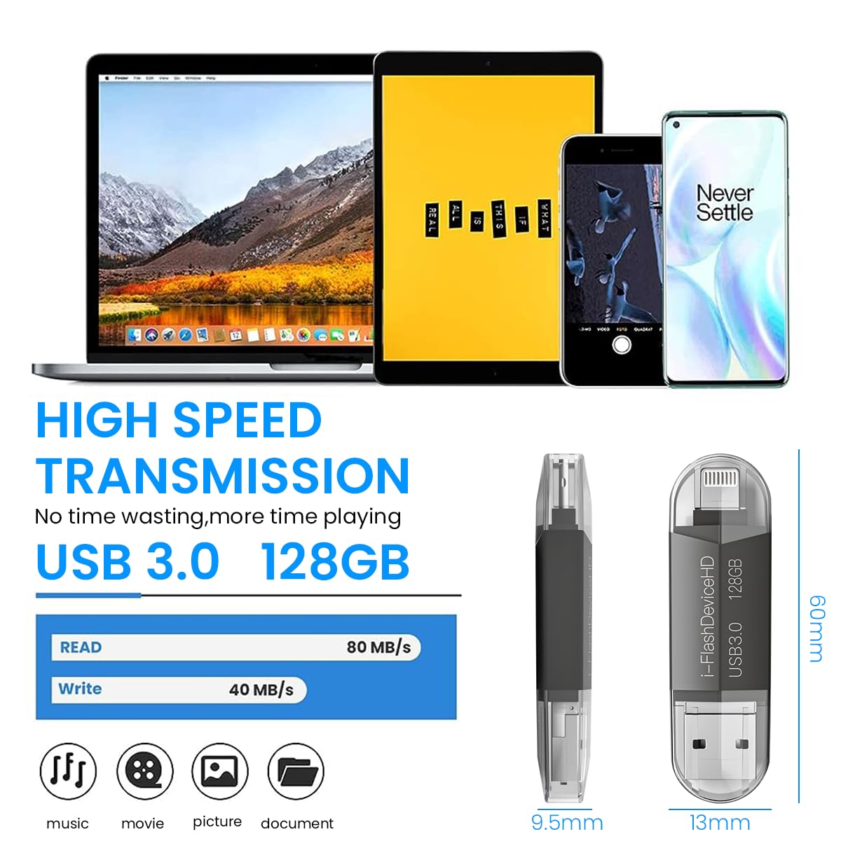 Verilux® Pendrive 128GB, 3-in-1 128GB Flash Drive with Light-ning, USB3.0, Micro USB High Speed Memory Stick Thumb Drives External Storage Compatible with iPhone/iPad/Android/PC