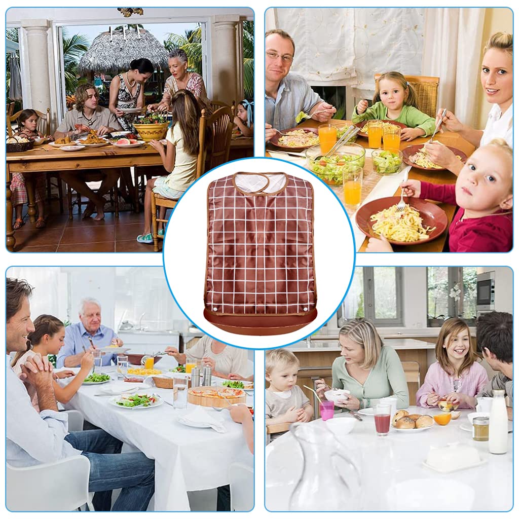 HANNEA Adult Bibs, Waterproof Adjustable, Long Style with Leakproof Pocket Adult The Eldly Bib Adult Washable Dining Bibs for Men, Women Eating Cloth for Elderly Seniors and Disabled (Brown)