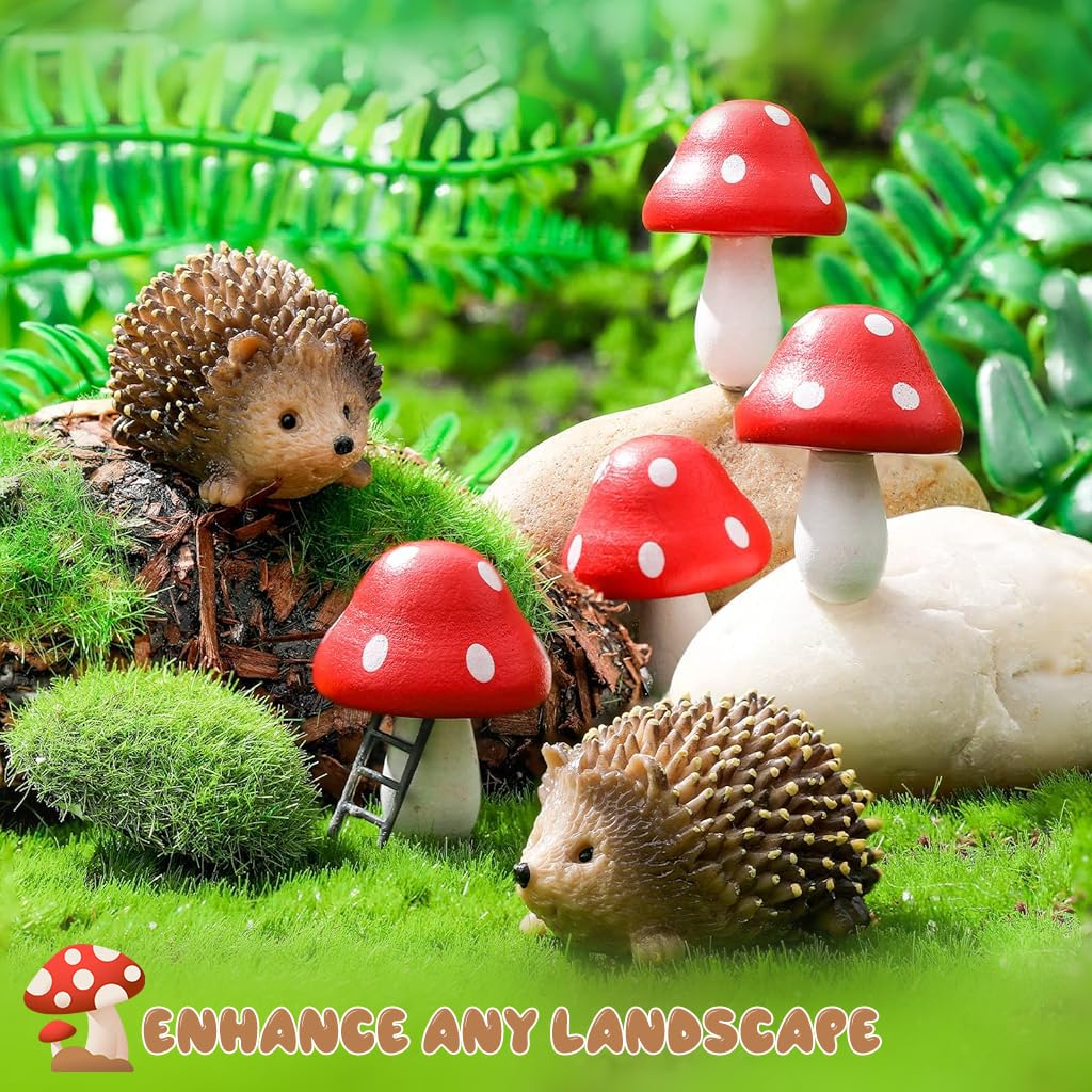 Supvox 6Pc Miniature Garden Decor - Resin Hedgehogs & Wood Mushroom - Fairy Garden Decor - Moss Landscape Miniature Decorations - Suitable for Moss Landscape, Garden Ornaments, Flower Pots, Dollhouse