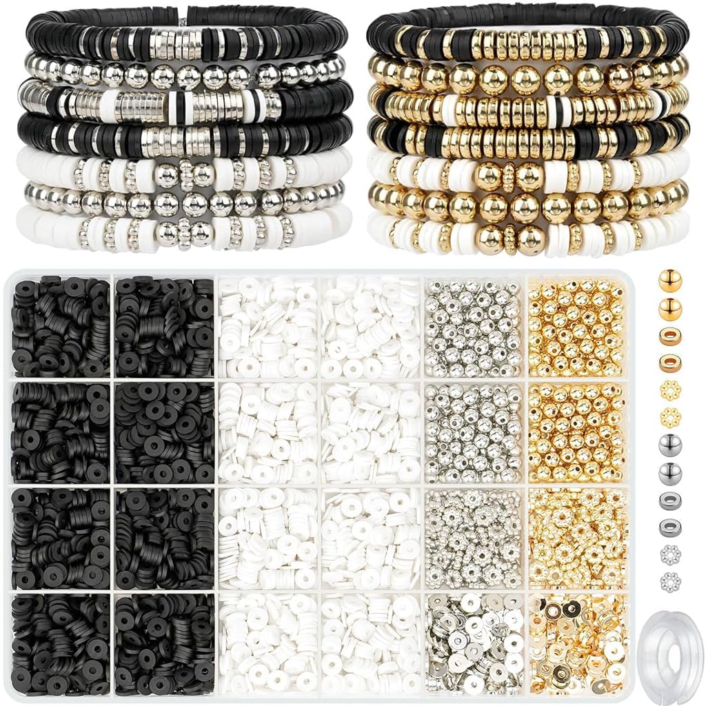 SANNIDHI Clay Beads for Bracelet Making Kit with 2500pcs Polymer Clay & Crystal Line | Black White Beads and Spacer Set for DIY Jewelry