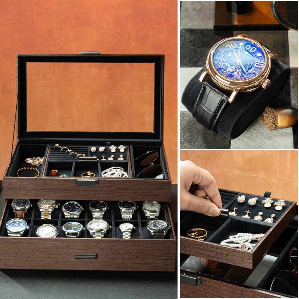 Zibuyu Watch Box Organizer for Jewelry with Double Layer Drawer and Clear Window Display