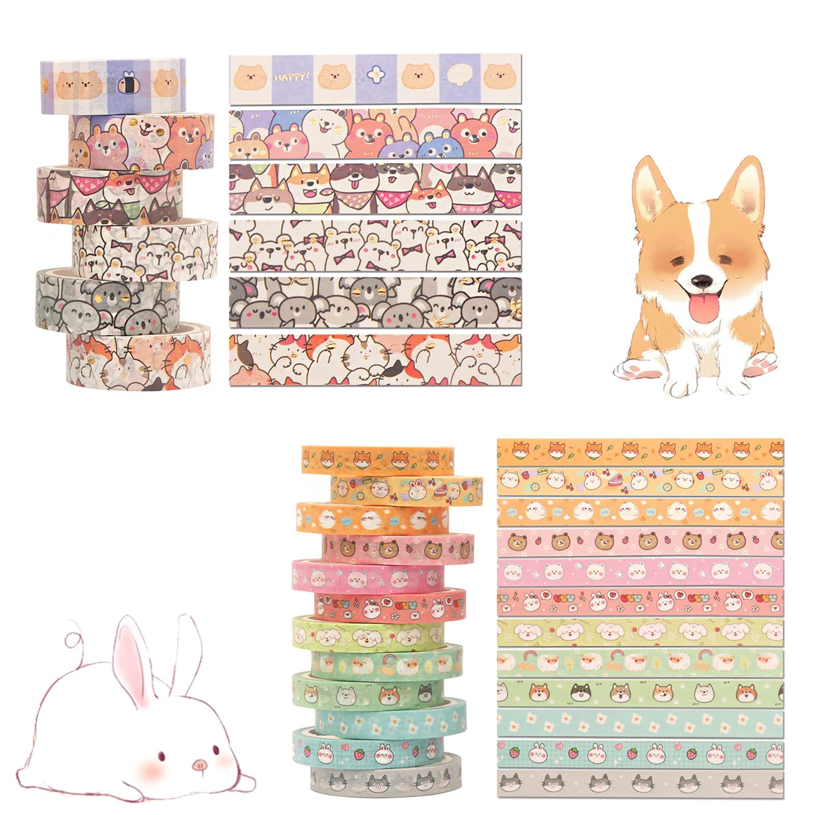 HASTHIP 18 Rolls Cute Pets Washi Tape Set Gold Embellishment Decorative Masking Tapes for Arts, DIY Crafts, Bullet Journals, Planners, Scrapbook, Wrapping,Travel