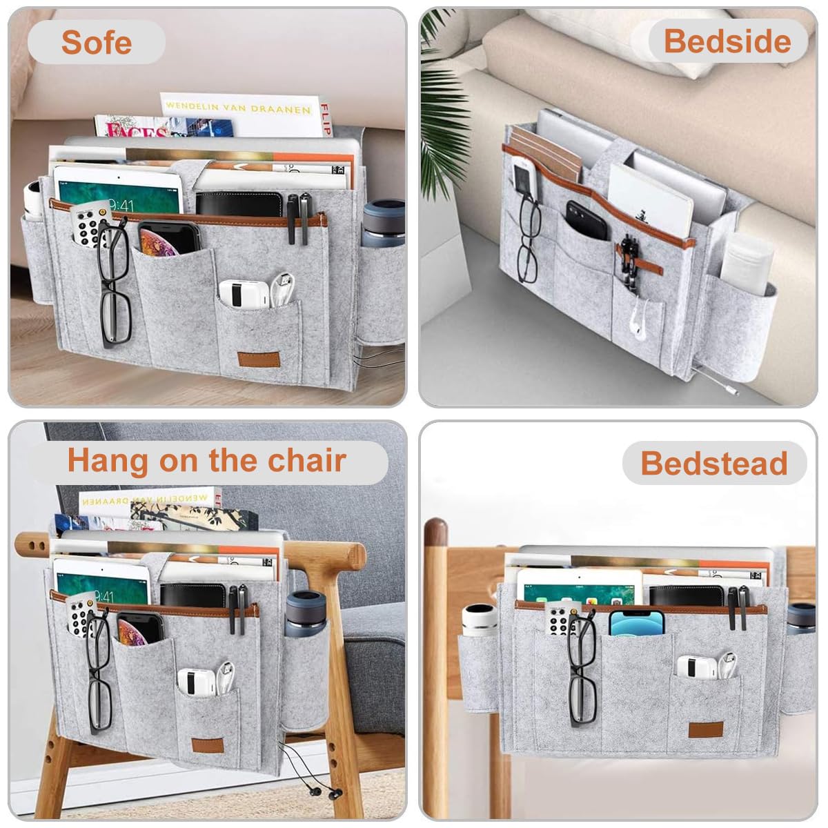 HASTHIP Bedside Caddy Bag for Bed Sofa and Desk featuring Flip Board and Felt Pockets Organizer