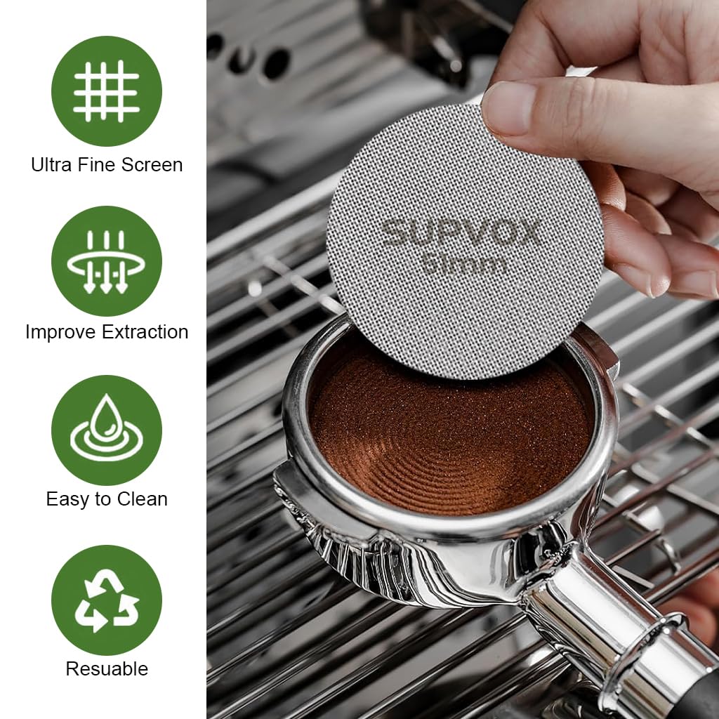 Supvox Coffee Filter Set for Espresso Portafilter featuring 51mm 1.7mm 150m Mesh 304 Stainless Steel Screen