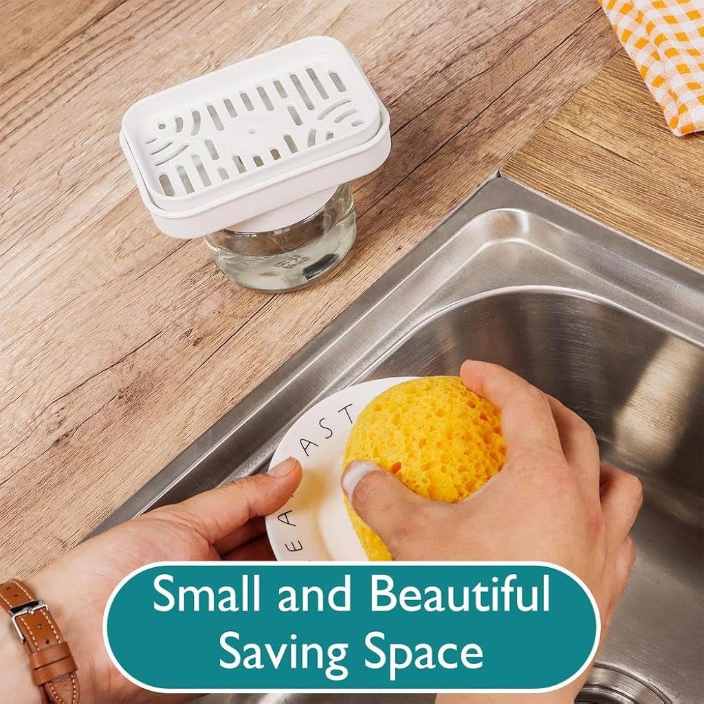 Supvox® Glass Liquid Soap Dispenser 280ml, 2 in 1 Press Dish Cleanser Dispenser with Integrated Sponge Drain Holder