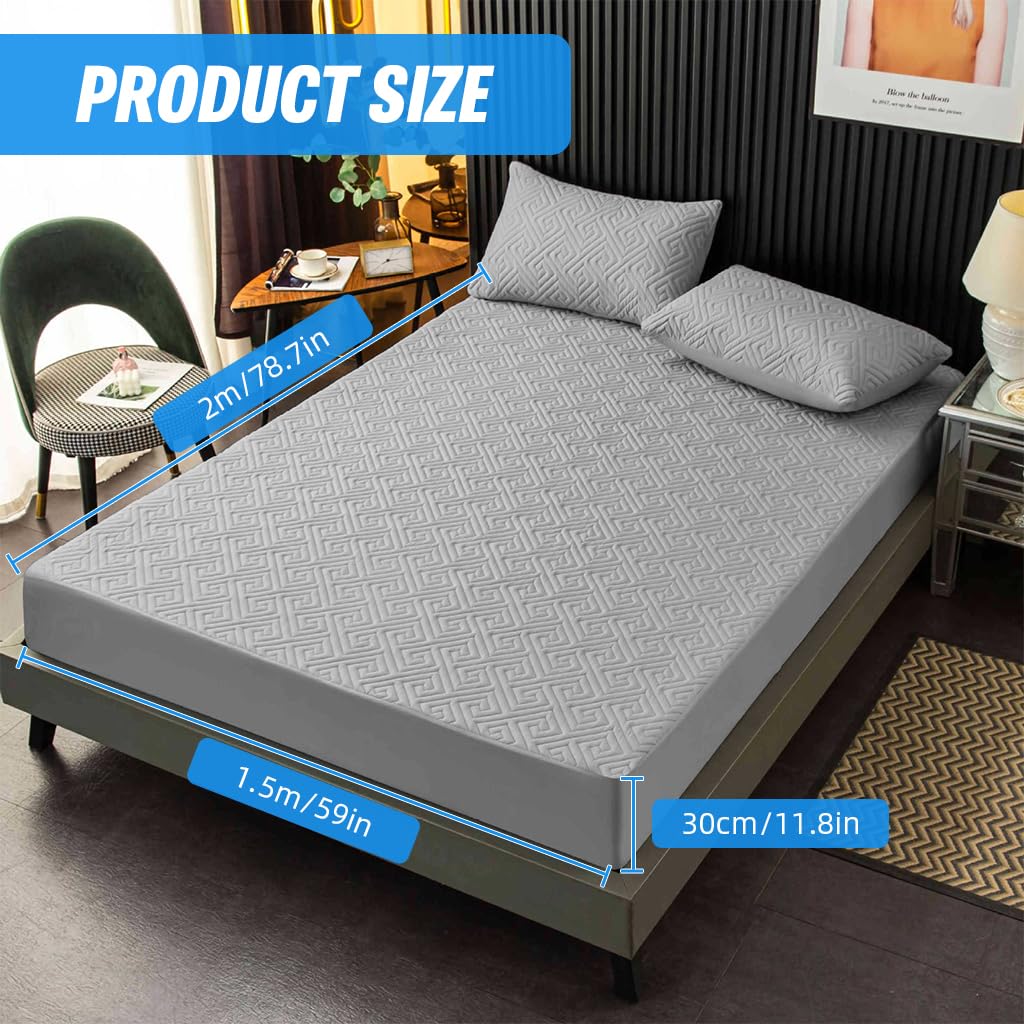 HASTHIP Mattress Protector Queen Size 78.7 x 59 in with Hidden Waterproof Liner | Quilted Cotton Gray Fitted Sheet
